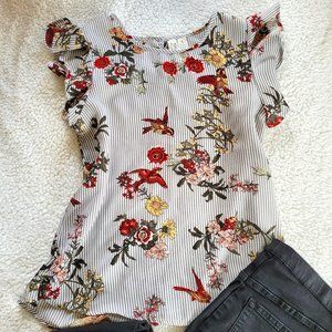Midnight Sky Gray Striped Floral Top S